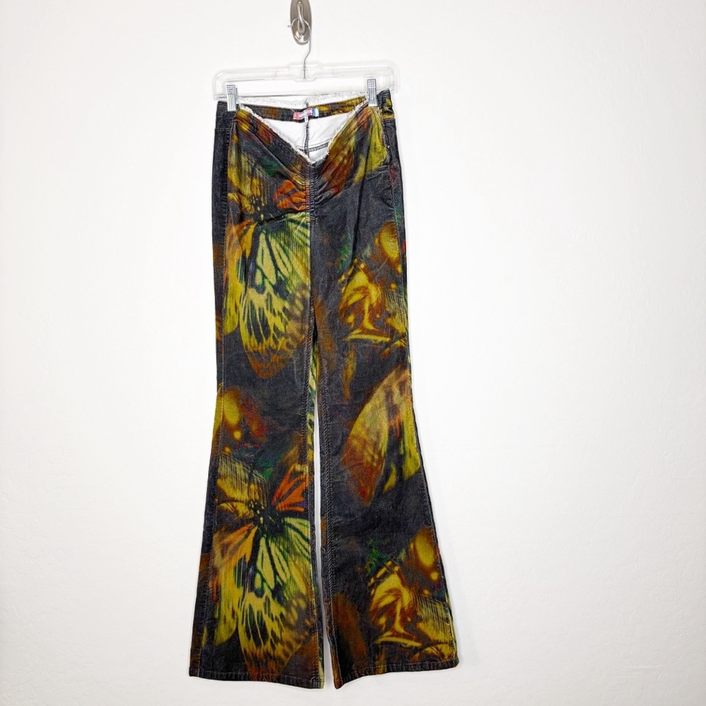 Urban Outfitters Butterfly Print Velvet Flare Pants V Front Ruched Waist Y2K 29 - Picture 2 of 7